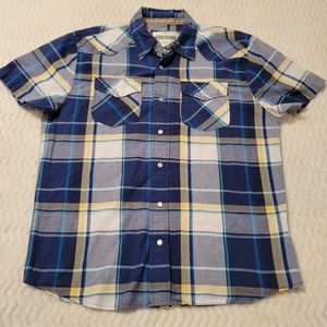 DITCH PLAINS PEARL SNAP Western shirt Mens size Large blue plaid short sleeve